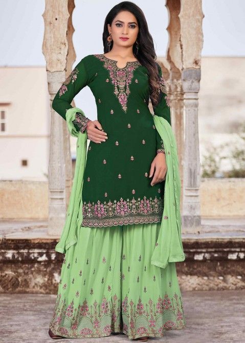 Green Embroidered Sharara Style Suit 4158SL03