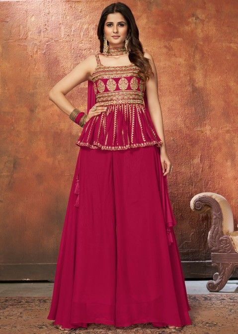 Pink Zari Embroidered Readymade Palazzo Suit