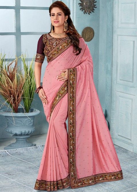 Buy Pink Sequins Silk Saree With Blouse Online At Zeel Clothing