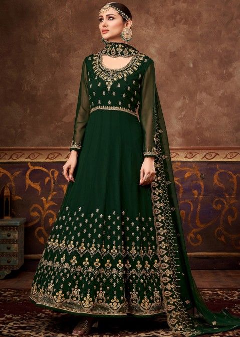 Buy Bottle Green Anarkali Suit In Raw Silk With Hand Embroidery And A  Brocade Dupatta Enhanced With Bandhani
