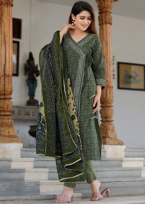 Stylish Mulmul cotton Olive Green Angrakha Suit with a Dupatta Set of 3 for  Women