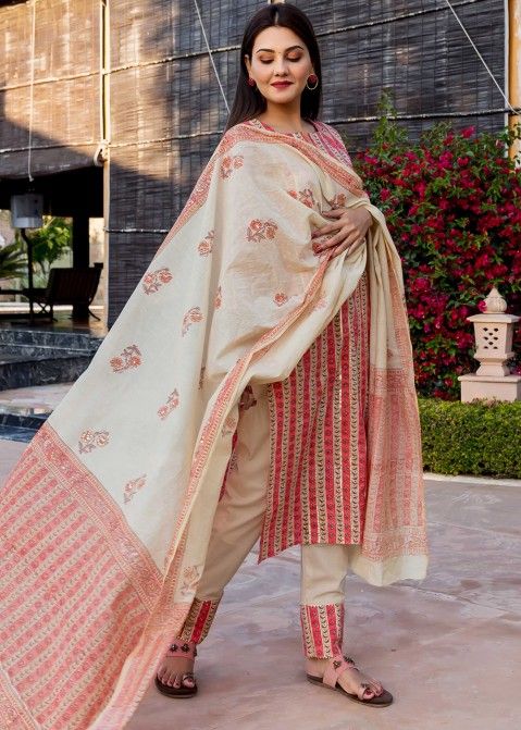 Readymade Peach Hand Block Printed Suit With Dupatta