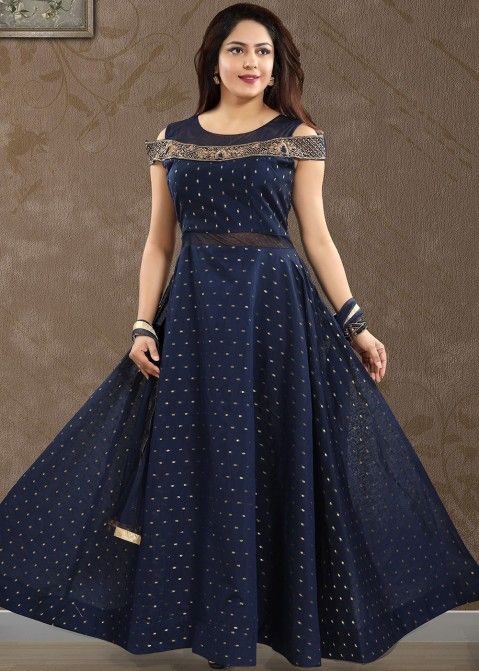 Blue Readymade Anarkali Suit In Chanderi