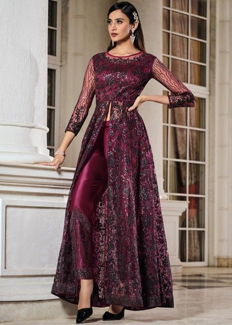 Magenta Embroidered Slitted Pant Salwar Suit