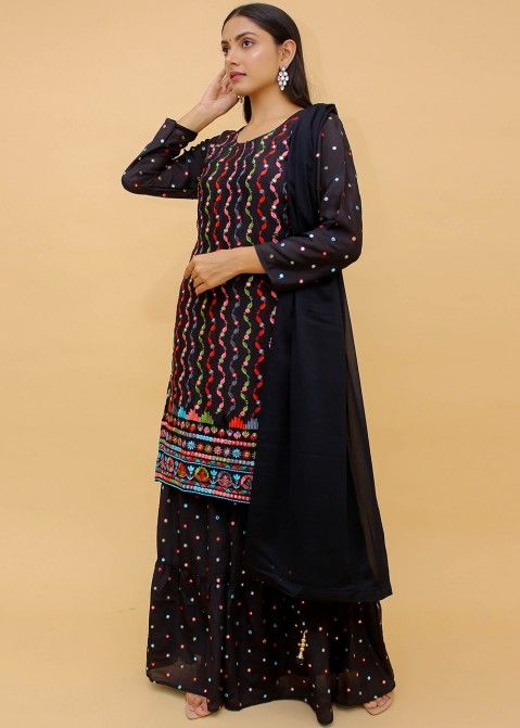 Readymade Navy Blue Embroidered Sharara Suit