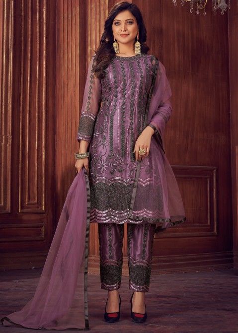 Purple Embroidered Net Pant Suit With Dupatta