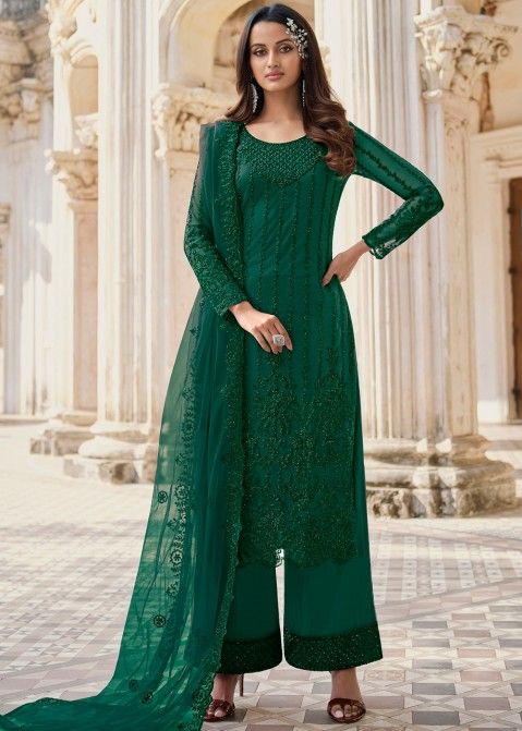 Green Pant Style Salwar Suit With Embroidery