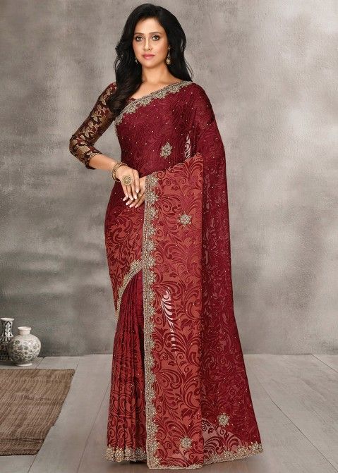 Red Georgette Brasso Saree With Blouse