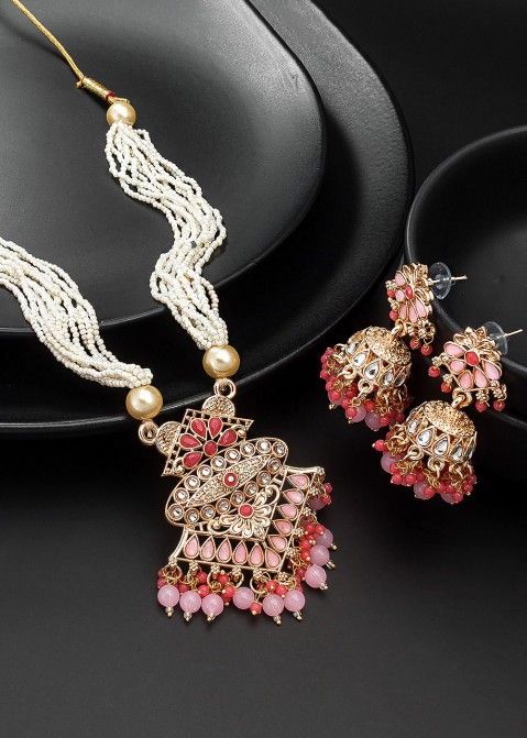 Pink & Peach Studded Kundan Necklace Set