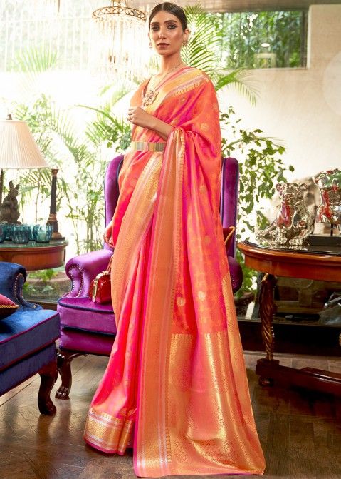 Buy Mustard and Orange Kanjivaram Silk Designer Traditional Saree Online