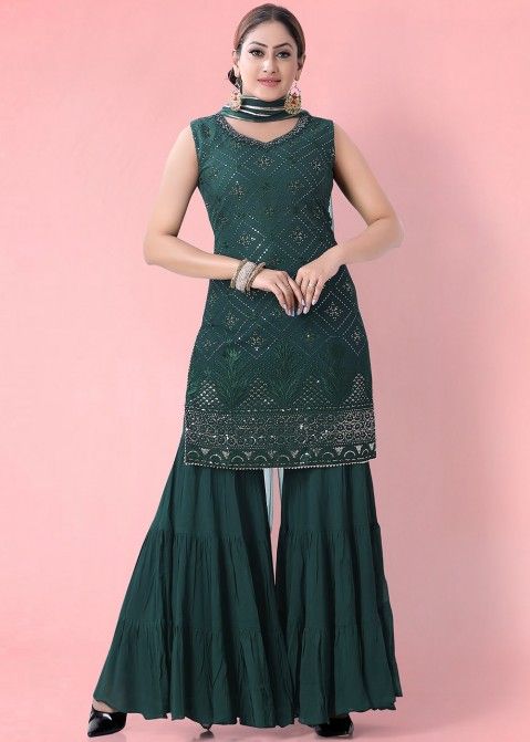 Readymade Embroidered Green Georgette Sharara Suit