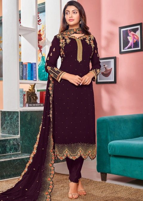 Purple Thread Embroidered Straight Cut Salwar Suit