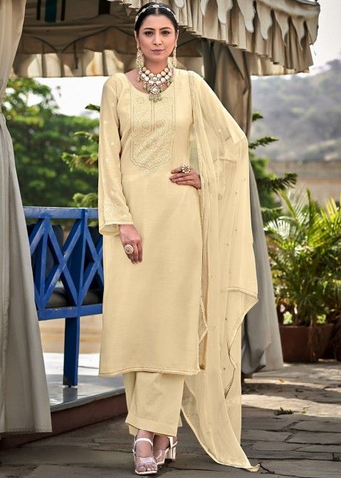Yellow Resham Embroidered Salwar Suit In Cotton