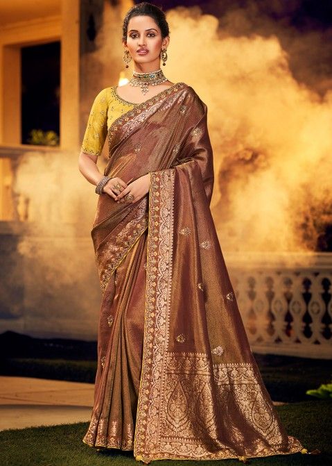Stone Embellished Brown Saree With Blouse