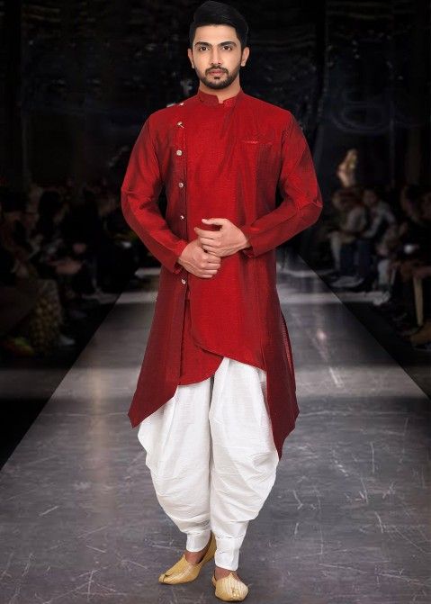 Red Asymmetric Art Silk Kurta Dhoti Set For Men