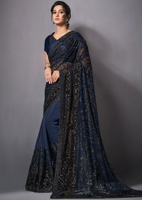 Blue Sequins Embroidered Saree With Blouse