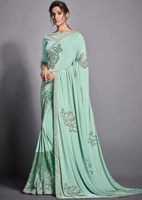 Green Embroidered Border Saree In Lycra
