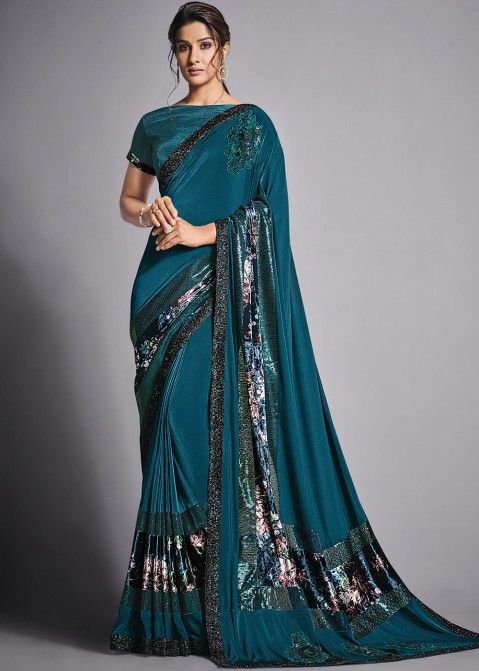 Blue Digital Printed Cocktail Saree With Blouse