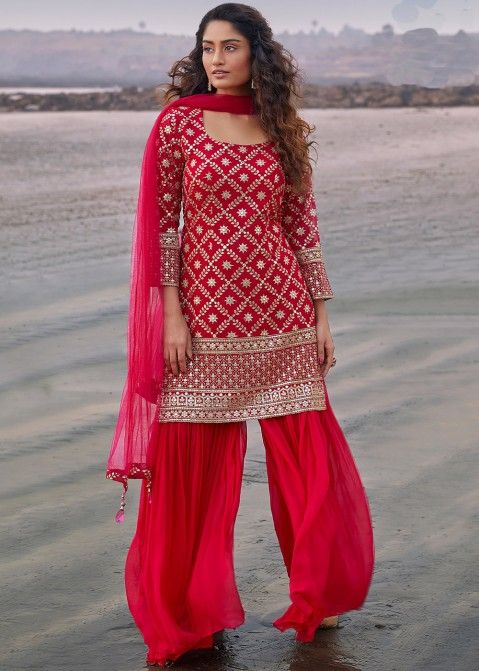 Red Readymade Embroidered Sharara Style Salwar Suit