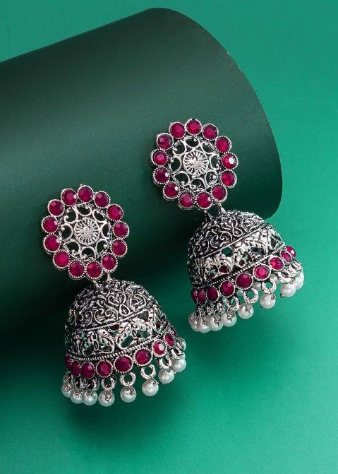 Maroon & Silver Stone Studded Oxidised Indian Jhumka Earrings