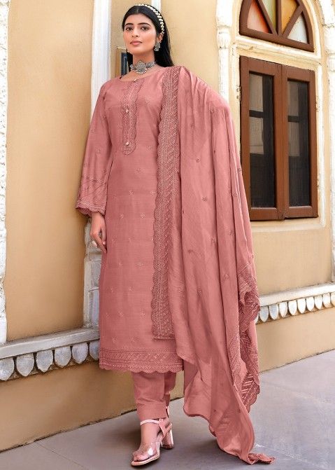 Peach Embroidered Pant Style Suit In Cotton