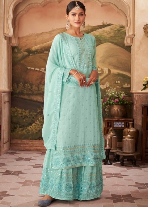 Blue Embroidered Georgette Gharara Suit With Dupatta