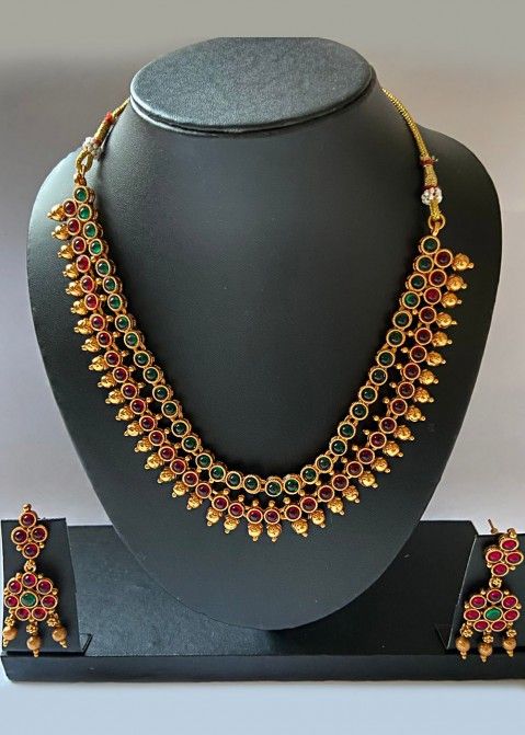 Red And Green Stone Studded Necklace With Earrings