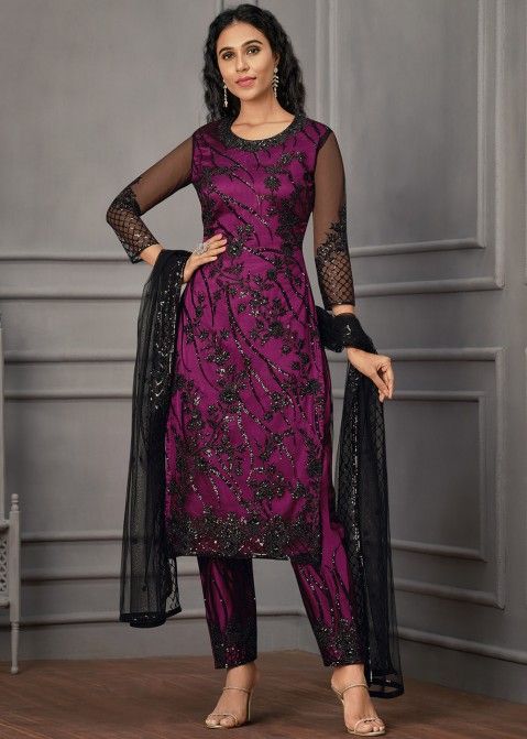 Pink Embroidered Net Pant Salwar Suit