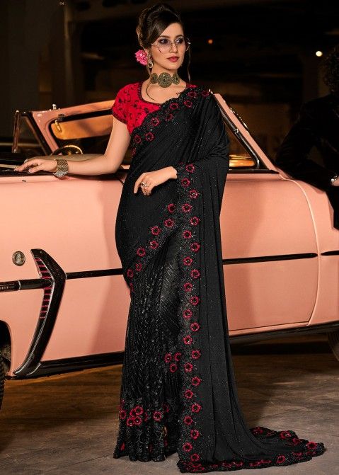 Black Party Wear Silk Saree With Floral Work