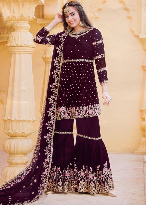 Purple Embroidered Georgette Gharara Style Suit