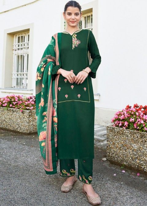 Readymade Green Embroidered Pant Suit & Dupatta