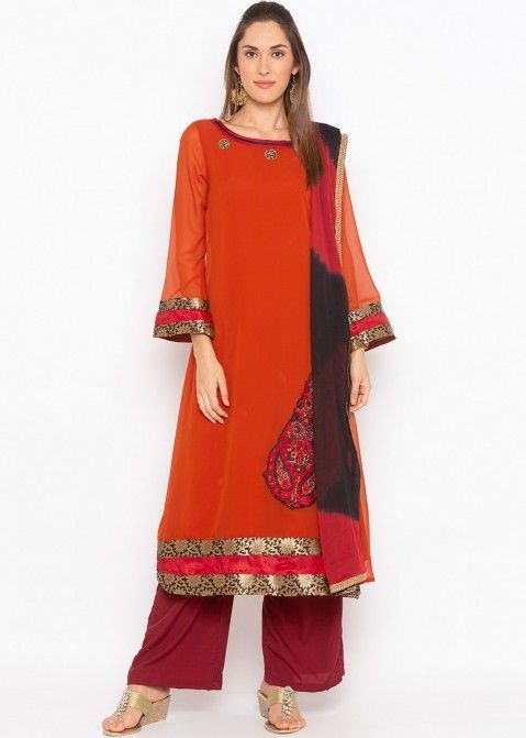 Readymade Orange Embroidered Palazzo Suit Set