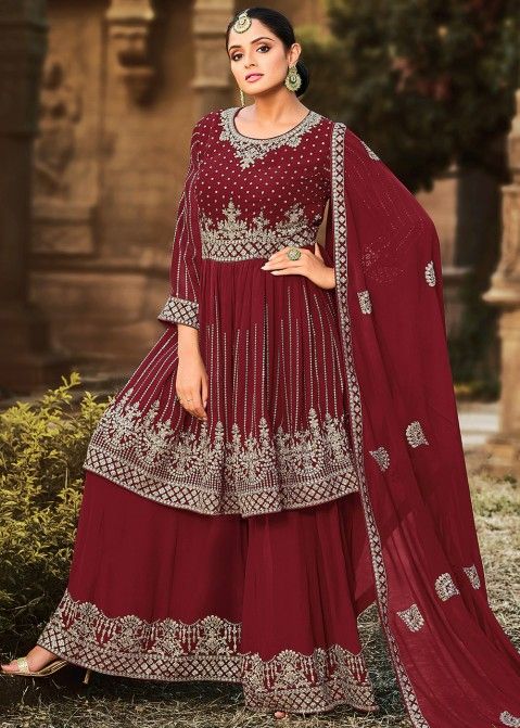 Maroon Sequins Embroidered Sharara Style Salwar Suit