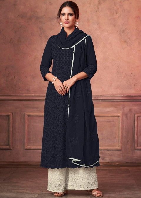 Black Embroidered Readymade Palazzo Suit Set