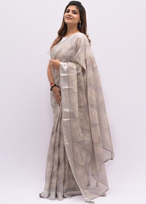 Grey Printed Georgette Saree With Blouse