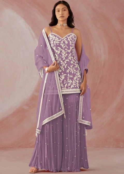 Purple Embroidered Straight Cut Gharara Suit