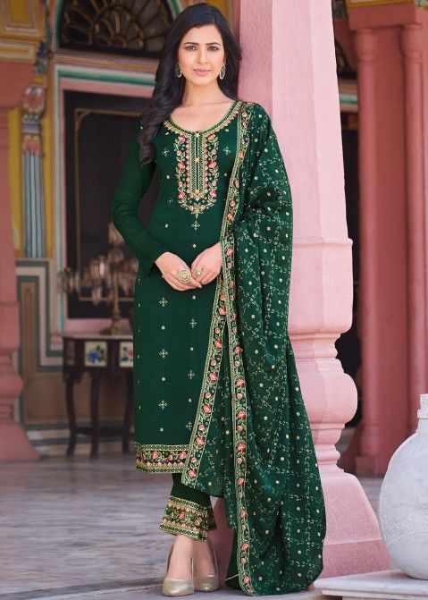 Green Mirror, Beads, Sequins and Thread work Straight Cut Salwar Suit –  Seasons Chennai