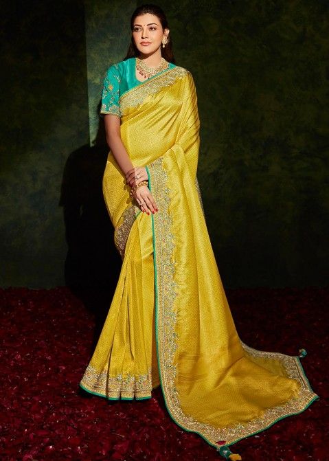 Kajal Aggarwal Yellow Embroidered Silk Saree