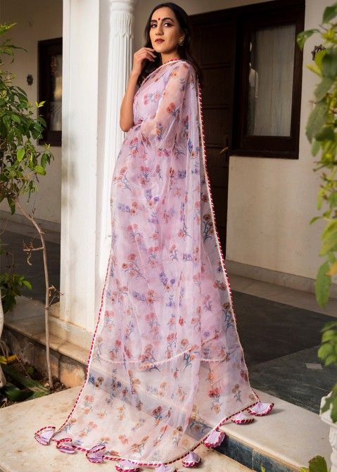CHARMING FLORAL PRINT ON GREY PURE ORGANZA SAREE WITH CONTRAST BLOUSE –  Organza Mall