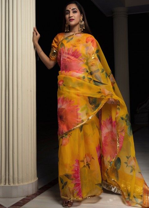 Buy Majestic Pink Floral Printed Organza Saree With Blouse - Zeel Clothing