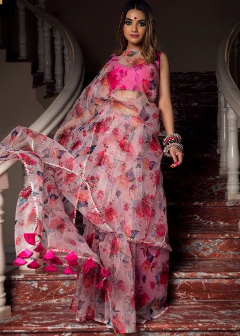Buy Saree Mall Pink Floral Printed Organza Sarees Online at Best Price |  Distacart