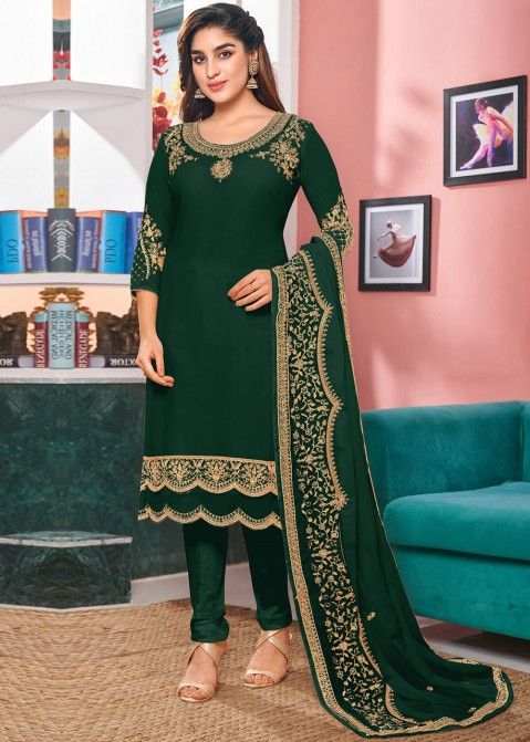 Green Embroidered Georgette Pant Suit & Dupatta