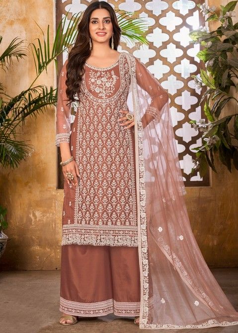 Brown Embroidered Net Palazzo Suit With Dupatta