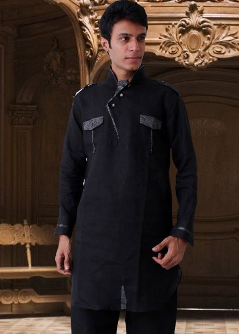 Black Linen Readymade Pathani Indian Kurta For Men