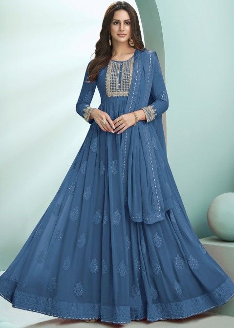 Blue Georgette Embroidered Anarkali Style Suit