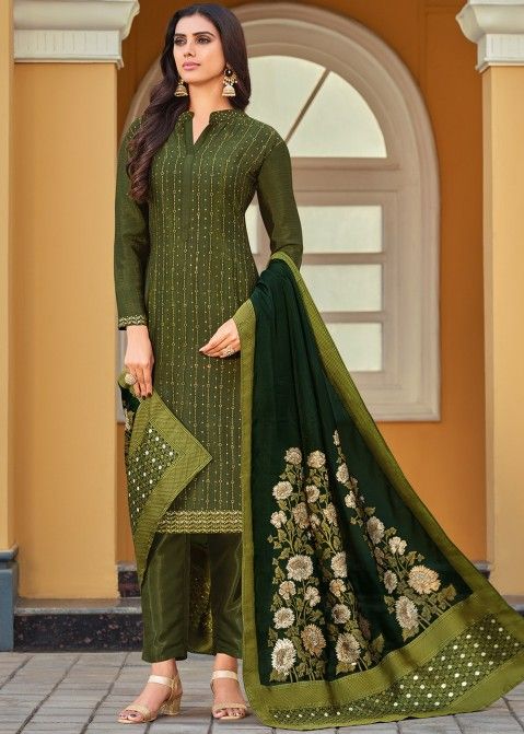 Green chanderi readymade suit, argyle design printed 3/4th sleeve top,  intricately printed dupatta & straight-cut pants