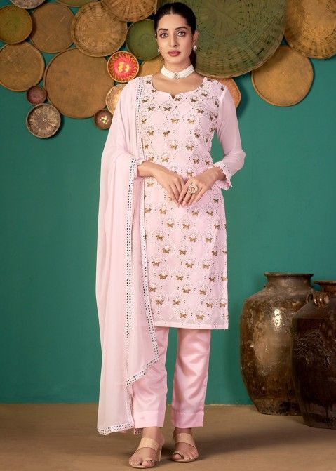 Pink Sequins Embroidered Pant Suit With Dupatta
