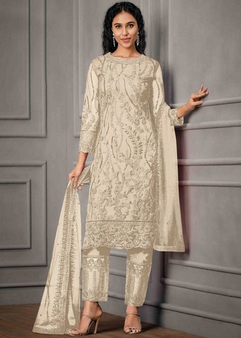 Cream Embroidered Straight Cut Pant Suit 