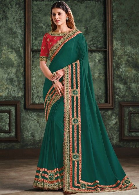Green Embroidered Saree In Satin
