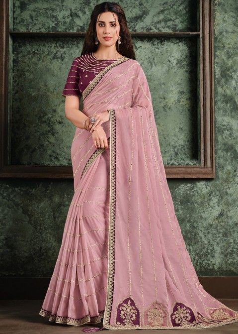Pink Embroidered Tissue Saree & Blouse